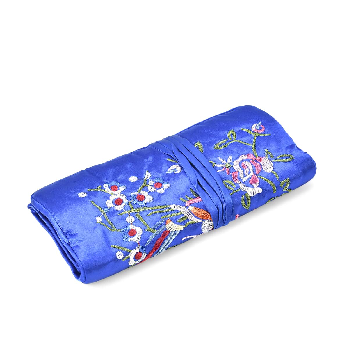 Royal Blue Floral Embroidery Pattern Satin Travel Jewelry Roll Organizer image number 3