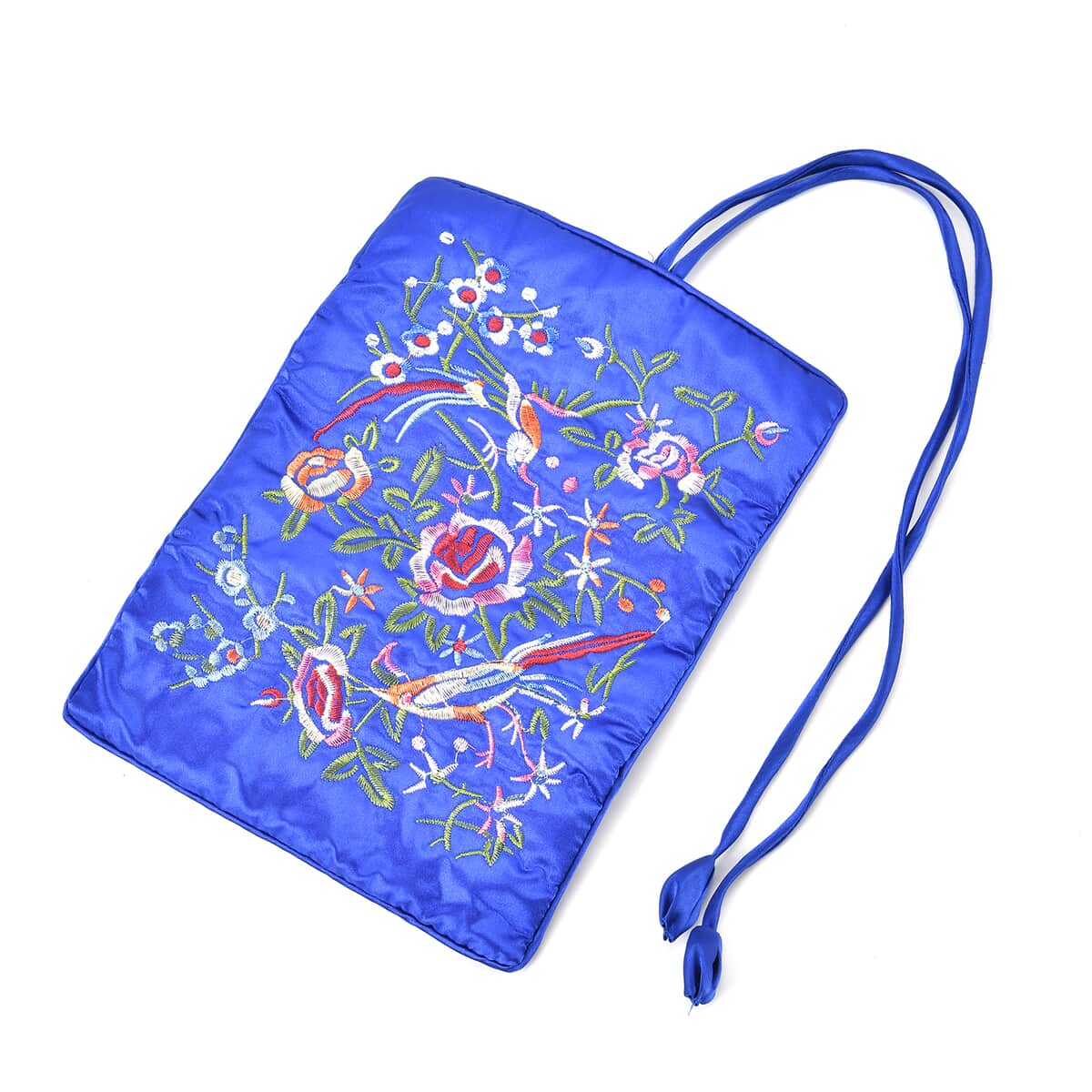 Royal Blue Floral Embroidery Pattern Satin Travel Jewelry Roll Organizer image number 4