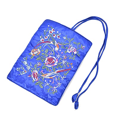 Royal Blue Floral Embroidery Pattern Satin Travel Jewelry Roll Organizer