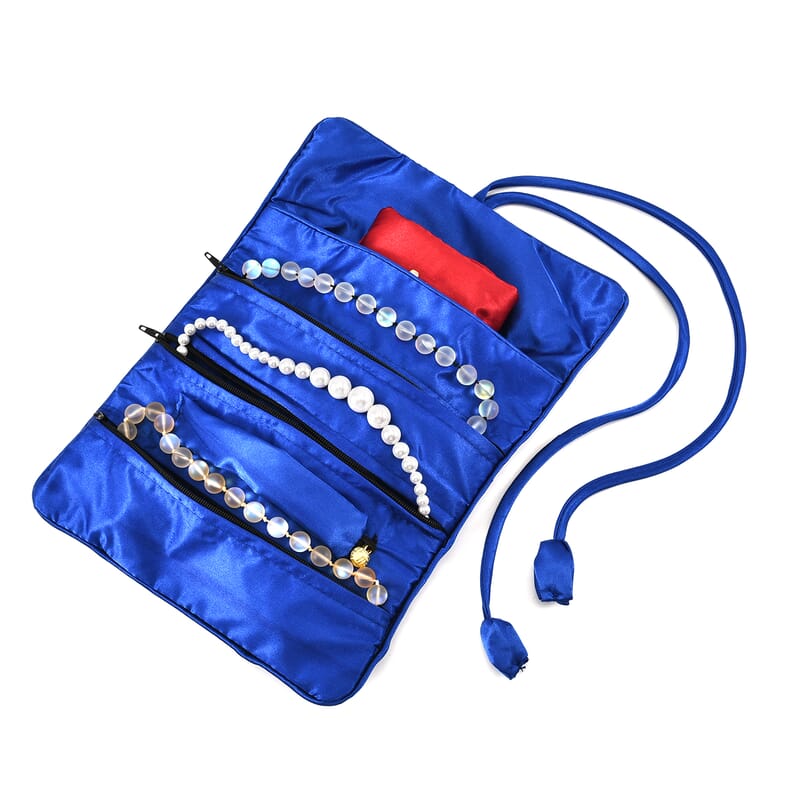 Royal Blue Floral Embroidery Pattern Satin Travel Jewelry Roll Organizer