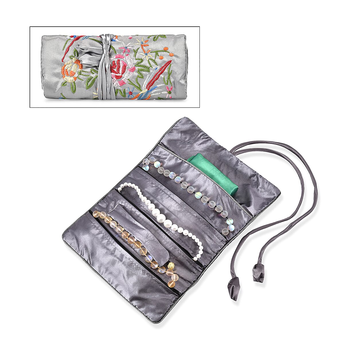 Livmore Gray Floral Embroidery Pattern Satin Travel Jewelry Roll Organizer image number 0