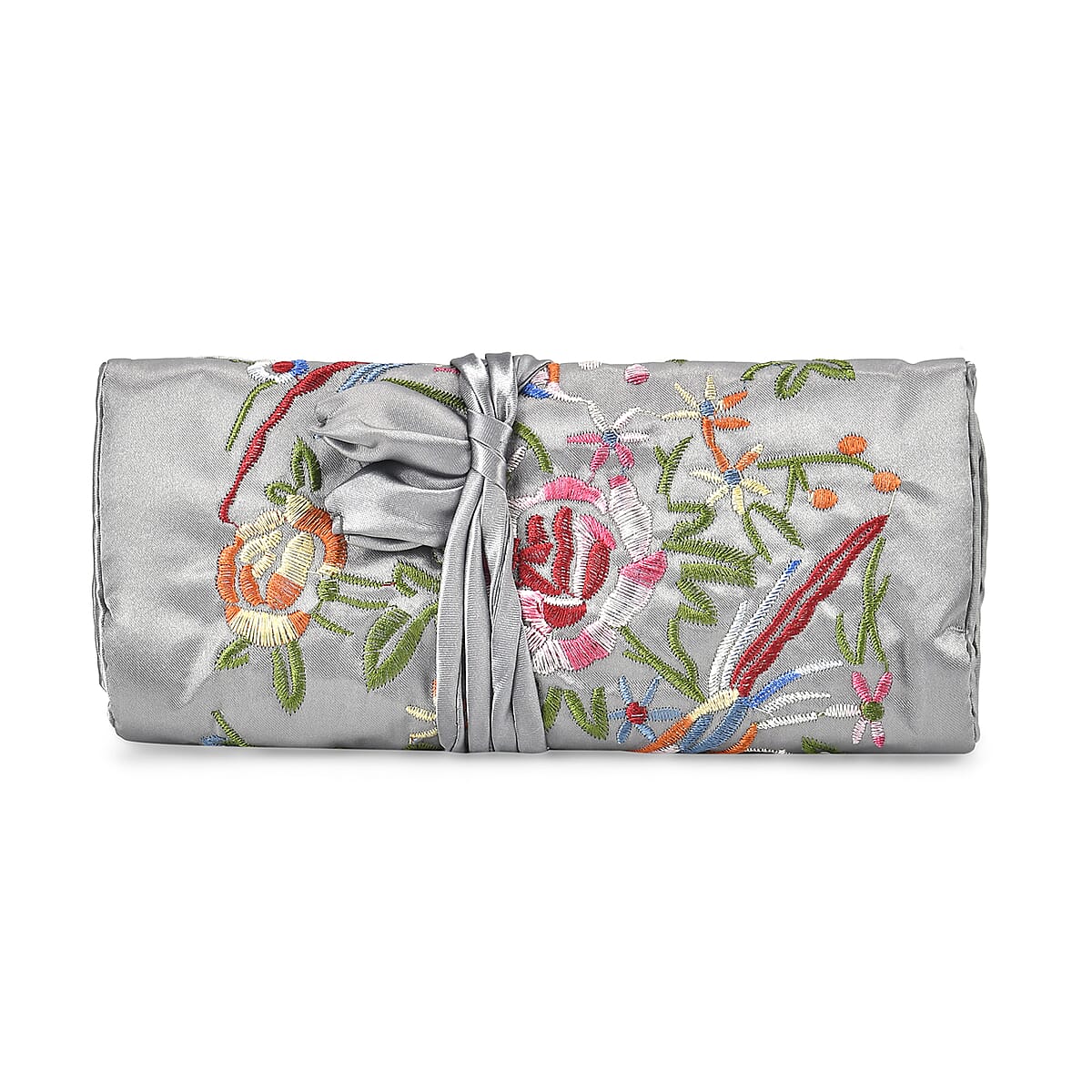 Livmore Gray Floral Embroidery Pattern Satin Travel Jewelry Roll Organizer image number 1