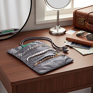 Livmore Gray Floral Embroidery Pattern Satin Travel Jewelry Roll Organizer