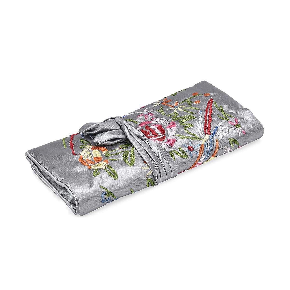 Livmore Gray Floral Embroidery Pattern Satin Travel Jewelry Roll Organizer image number 2