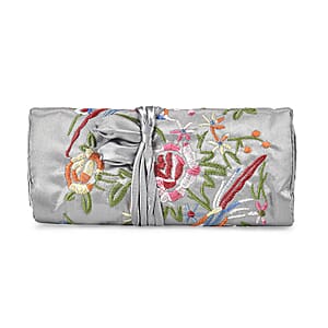 Livmore Gray Floral Embroidery Pattern Satin Travel Jewelry Roll Organizer