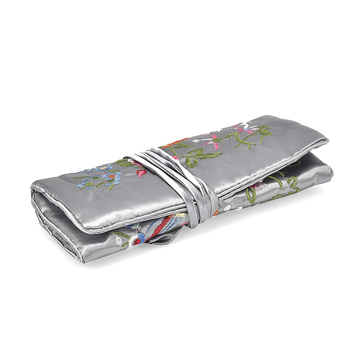 Livmore Gray Floral Embroidery Pattern Satin Travel Jewelry Roll Organizer image number 3