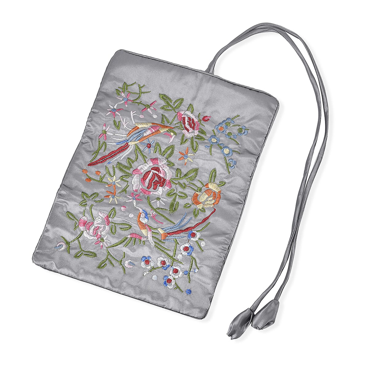 Livmore Gray Floral Embroidery Pattern Satin Travel Jewelry Roll Organizer image number 4