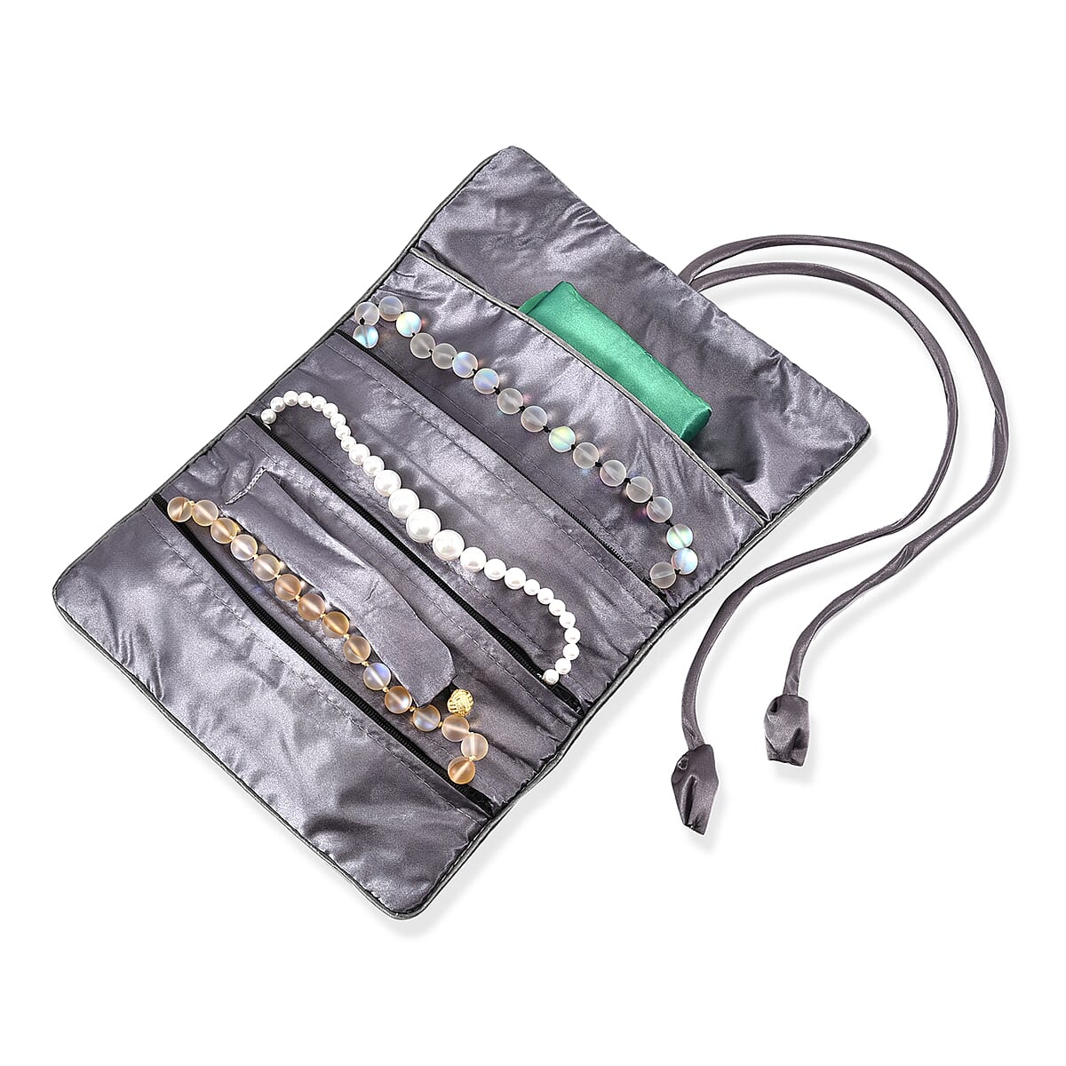 Livmore Gray Floral Embroidery Pattern Satin Travel Jewelry Roll Organizer image number 5