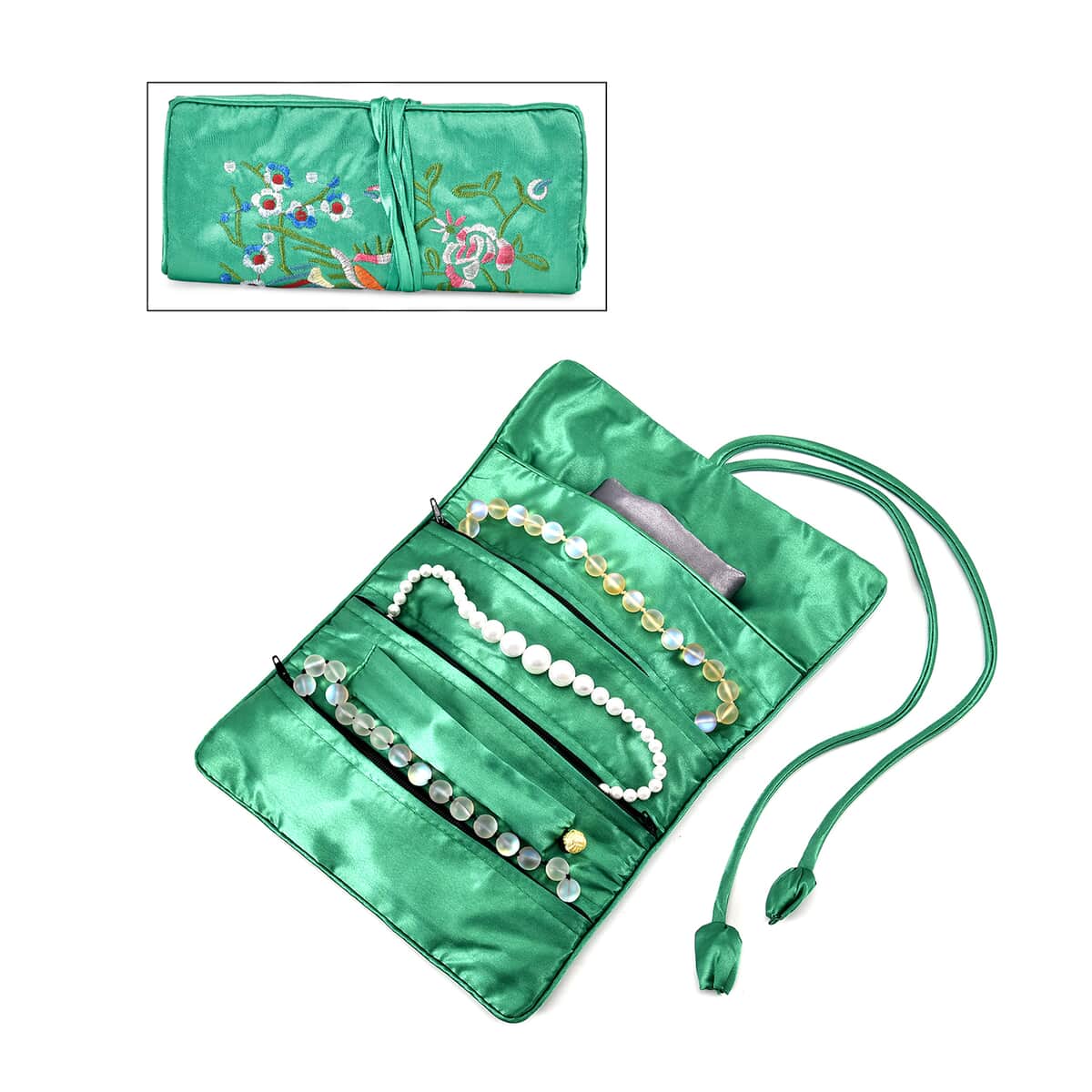 Green Floral Embroidery Pattern Satin Travel Jewelry Roll Organizer image number 0