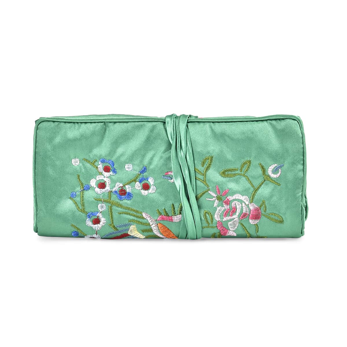 Green Floral Embroidery Pattern Satin Travel Jewelry Roll Organizer image number 1