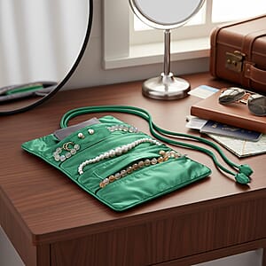 Livmore Green Floral Embroidery Pattern Satin Travel Jewelry Roll Organizer