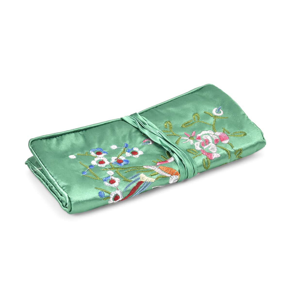 Green Floral Embroidery Pattern Satin Travel Jewelry Roll Organizer image number 2