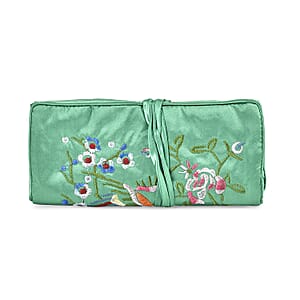 Livmore Green Floral Embroidery Pattern Satin Travel Jewelry Roll Organizer