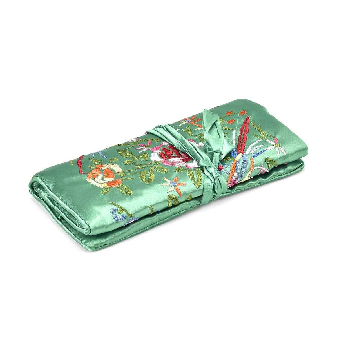 Green Floral Embroidery Pattern Satin Travel Jewelry Roll Organizer image number 3