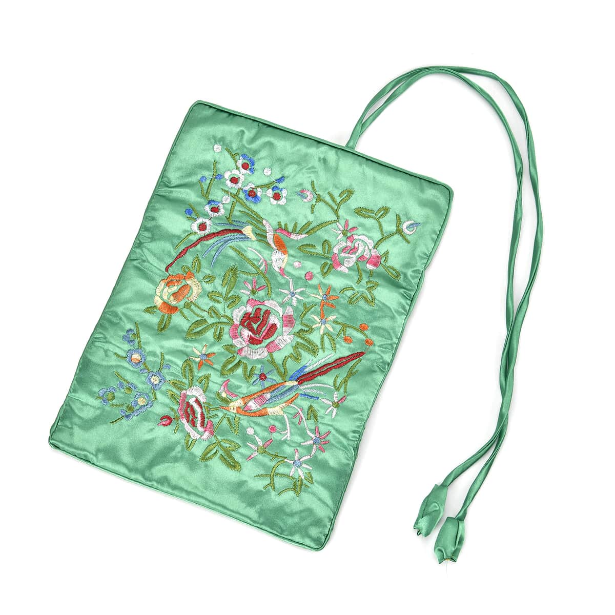 Green Floral Embroidery Pattern Satin Travel Jewelry Roll Organizer image number 4