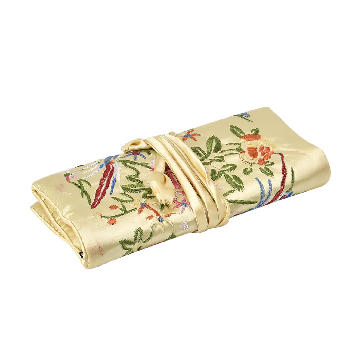 Golden Floral Embroidery Pattern Satin Travel Jewelry Roll Organizer image number 2