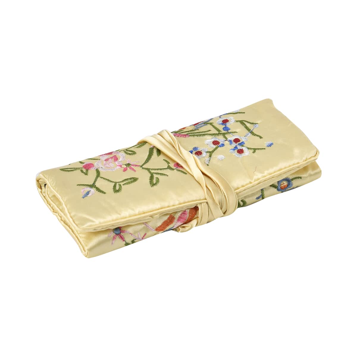 Golden Floral Embroidery Pattern Satin Travel Jewelry Roll Organizer image number 3