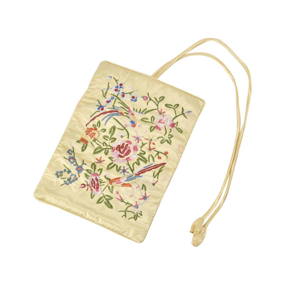 Golden Floral Embroidery Pattern Satin Travel Jewelry Roll Organizer image number 4