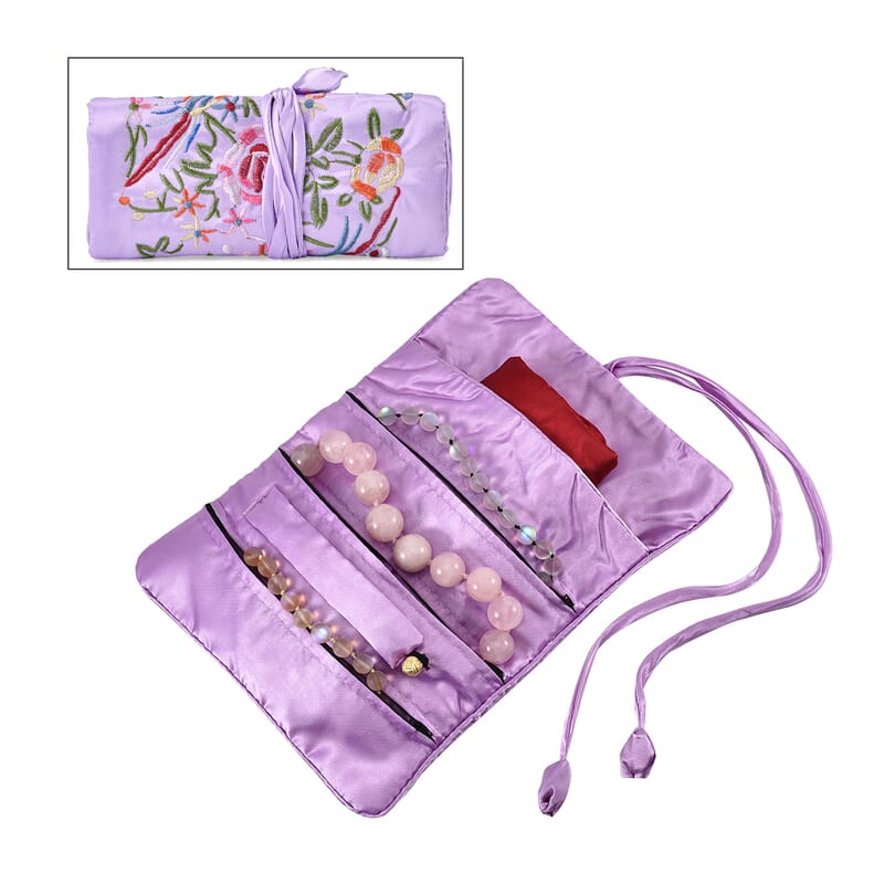 Livmore Light Purple Floral Embroidery Pattern Satin Travel Jewelry Roll Organizer