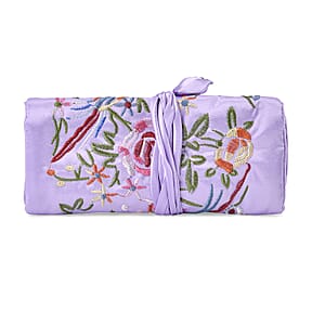 Livmore Light Purple Floral Embroidery Pattern Satin Travel Jewelry Roll Organizer