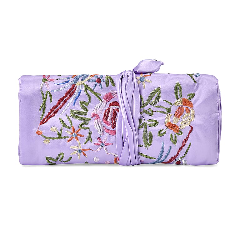 Livmore Light Purple Floral Embroidery Pattern Satin Travel Jewelry Roll Organizer