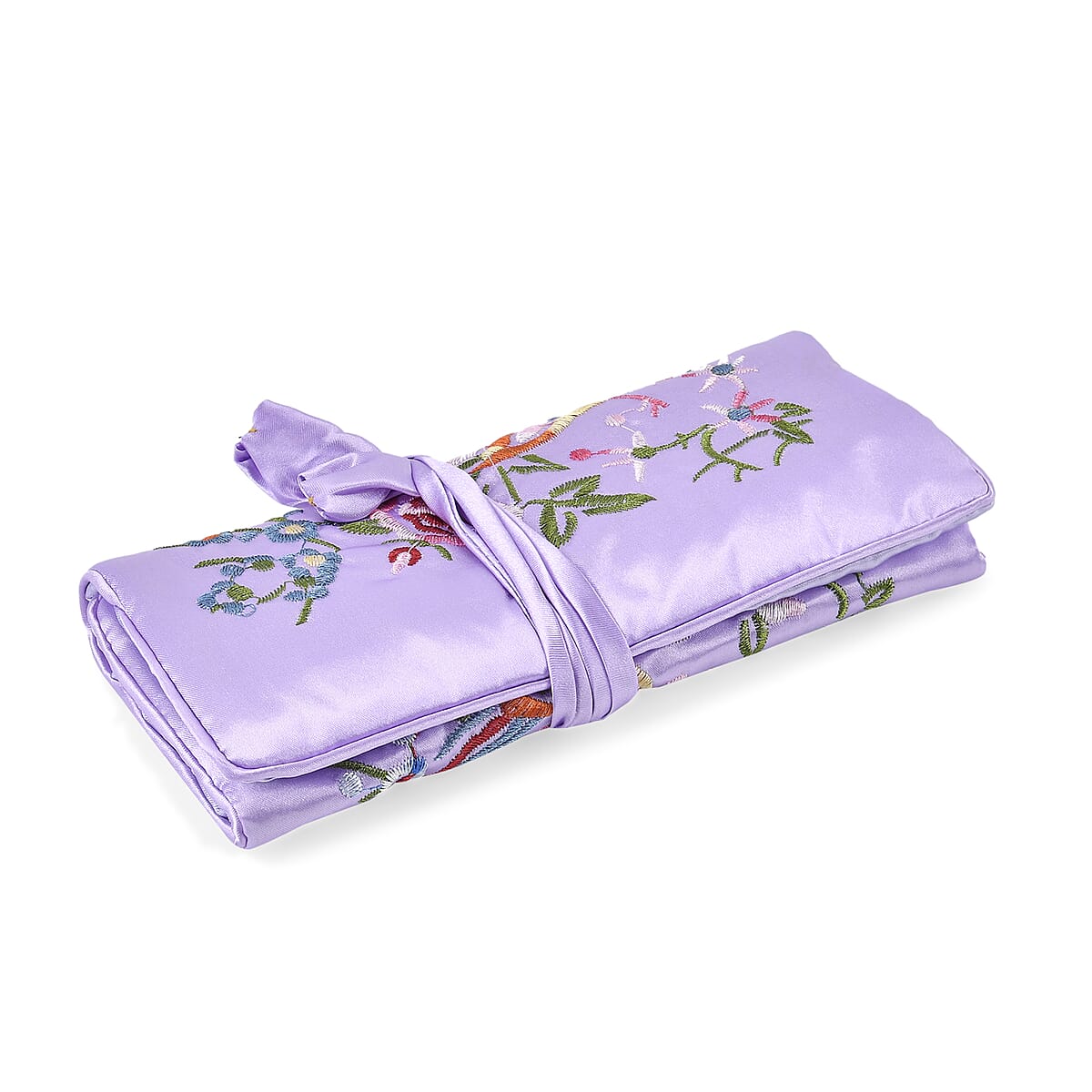 Livmore Light Purple Floral Embroidery Pattern Satin Travel Jewelry Roll Organizer image number 4