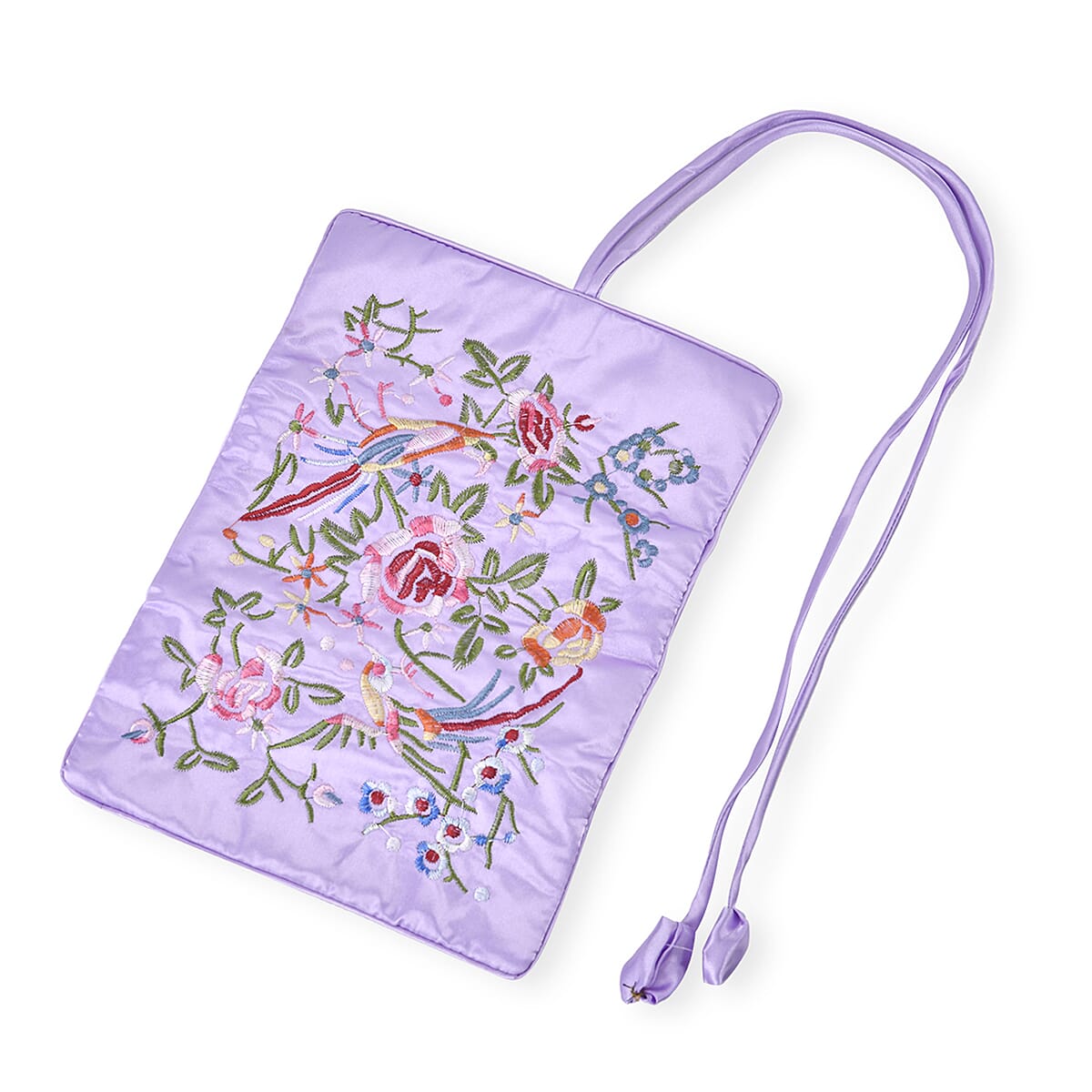 Livmore Light Purple Floral Embroidery Pattern Satin Travel Jewelry Roll Organizer image number 5