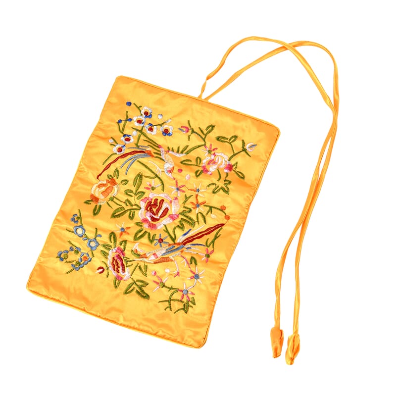 Livmore Yellow Floral Embroidery Pattern Satin Travel Jewelry Roll Organizer