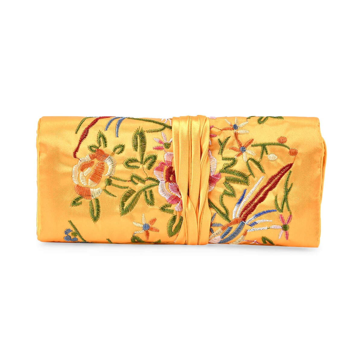 Yellow Floral Embroidery Pattern Satin Travel Jewelry Roll Organizer image number 1