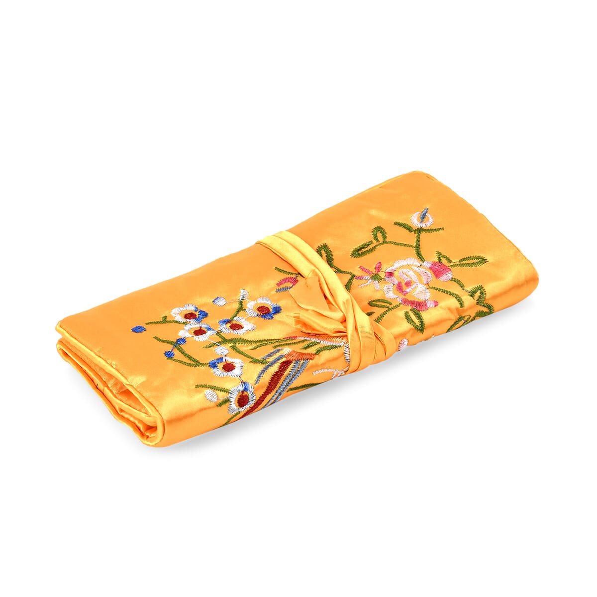Yellow Floral Embroidery Pattern Satin Travel Jewelry Roll Organizer image number 2