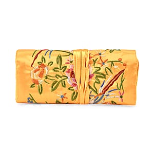 Livmore Yellow Floral Embroidery Pattern Satin Travel Jewelry Roll Organizer