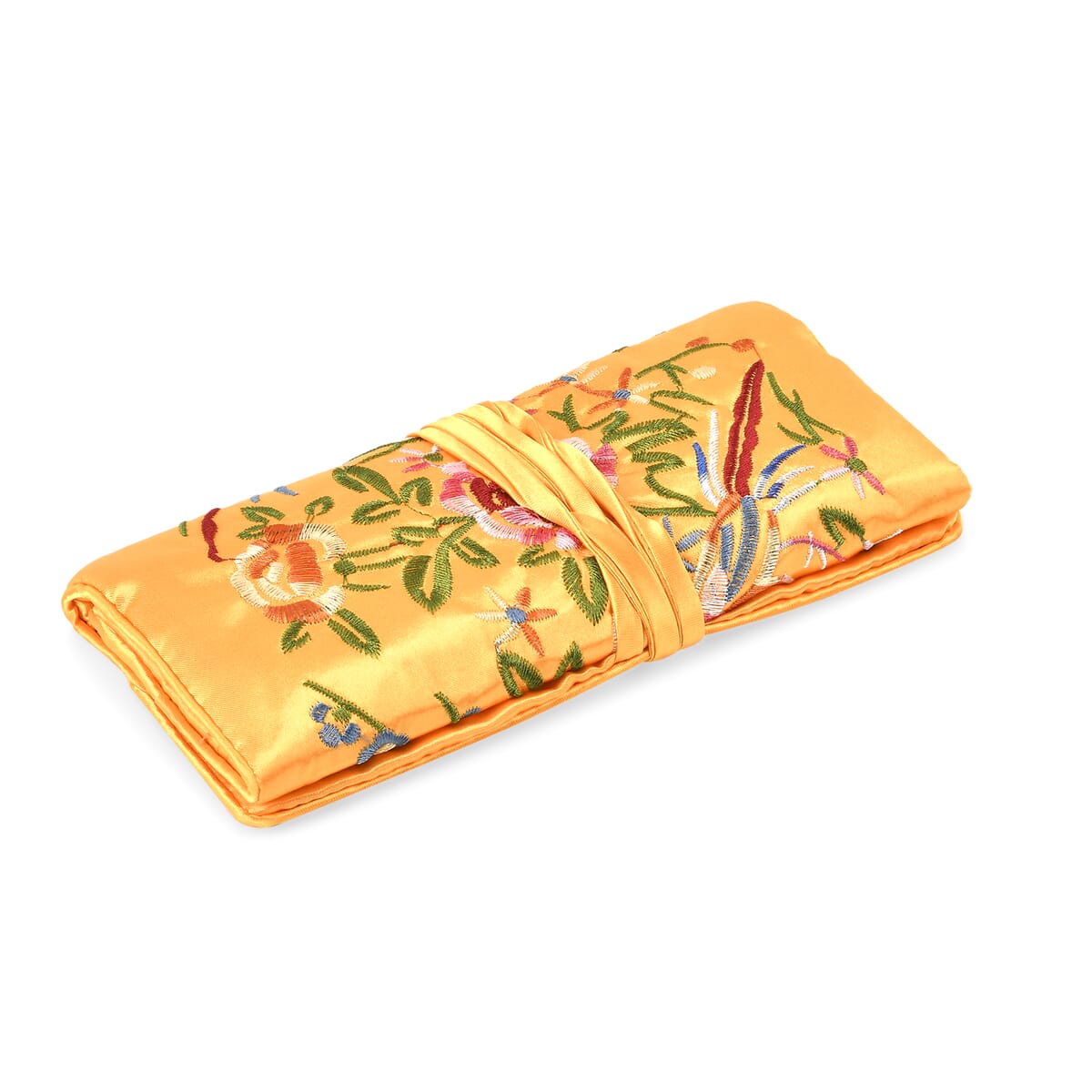 Yellow Floral Embroidery Pattern Satin Travel Jewelry Roll Organizer image number 3