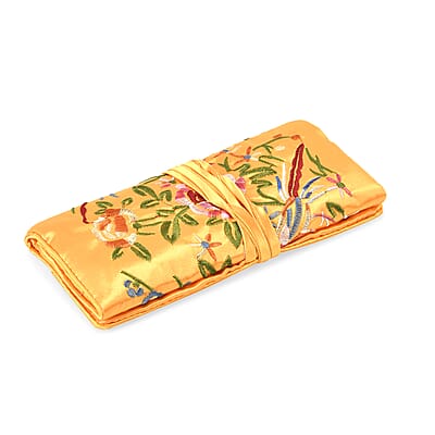Livmore Yellow Floral Embroidery Pattern Satin Travel Jewelry Roll Organizer