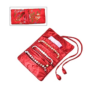 Wine Red Floral Embroidery Pattern Satin Travel Jewelry Roll Organizer