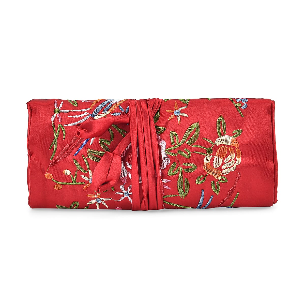 Wine Red Floral Embroidery Pattern Satin Travel Jewelry Roll Organizer image number 1