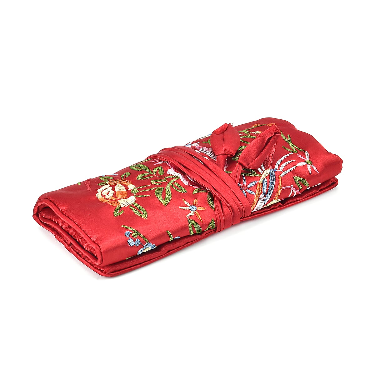 Wine Red Floral Embroidery Pattern Satin Travel Jewelry Roll Organizer image number 3