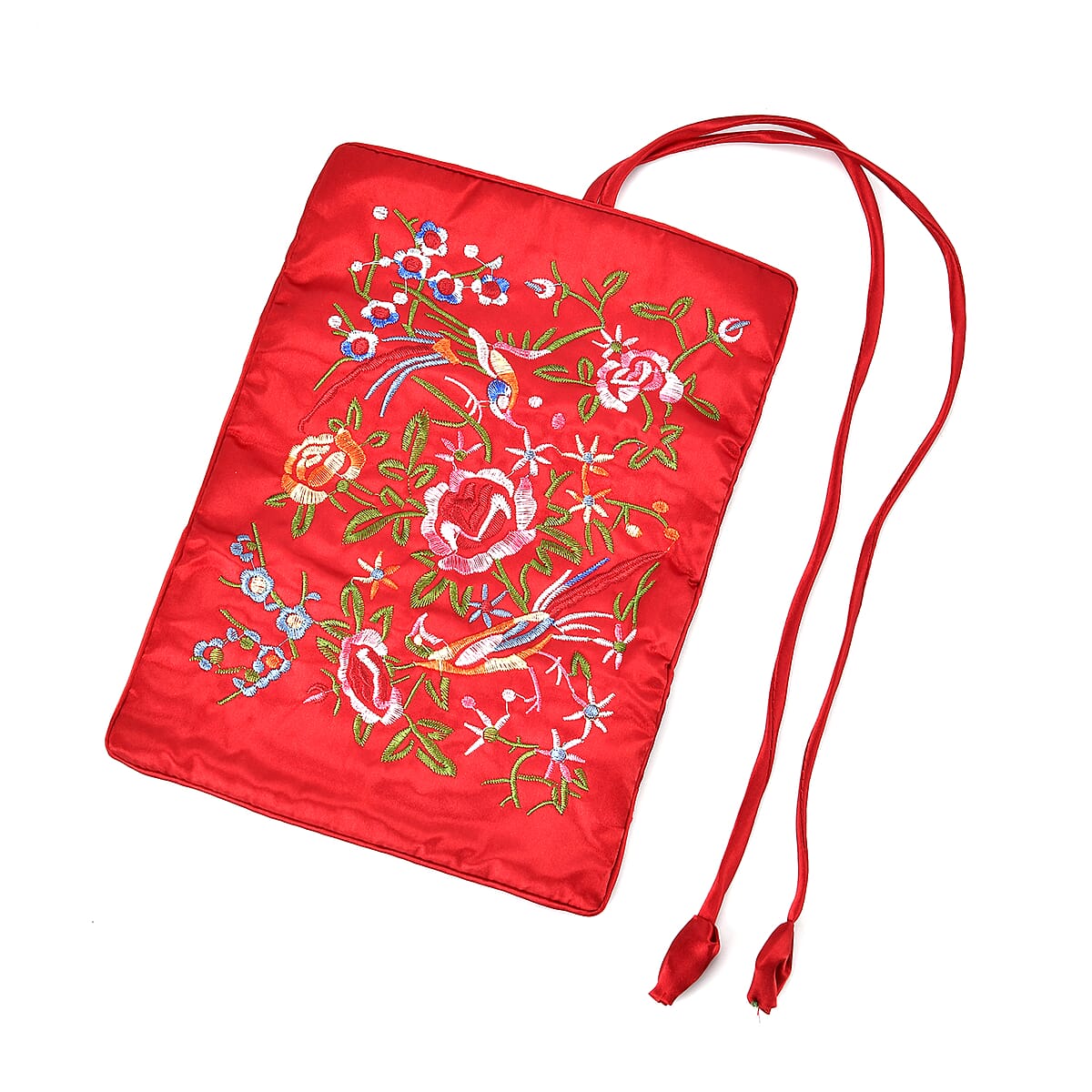 Wine Red Floral Embroidery Pattern Satin Travel Jewelry Roll Organizer image number 4