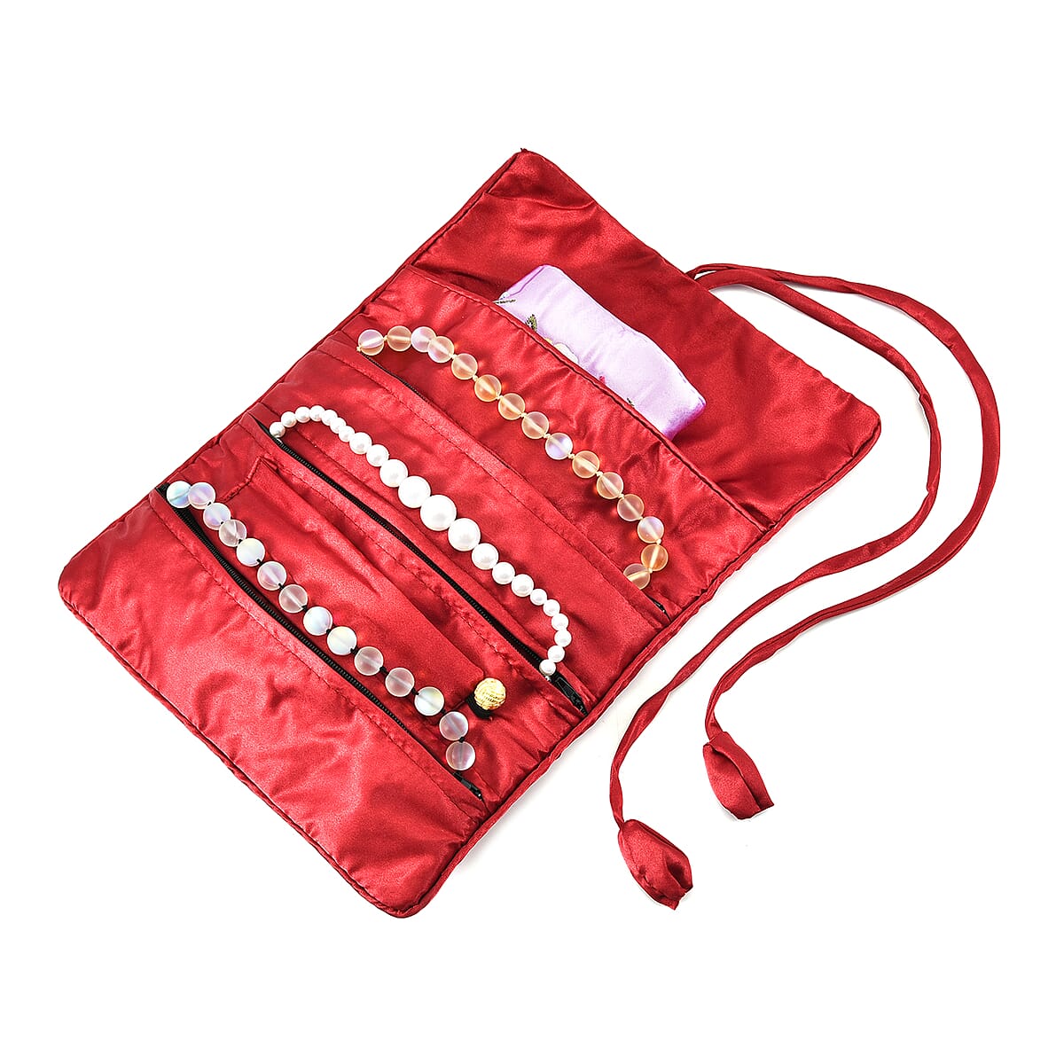 Wine Red Floral Embroidery Pattern Satin Travel Jewelry Roll Organizer image number 5