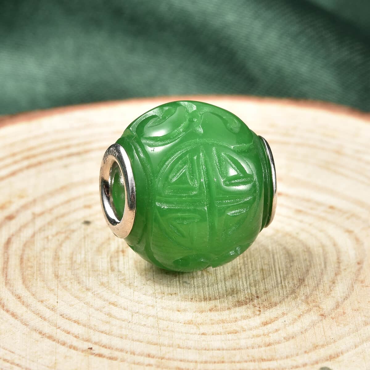 Charmes D'Joy Green Jade Carved 13-15mm Beaded Charm in Rhodium Over Sterling Silver 18.00 ctw image number 1