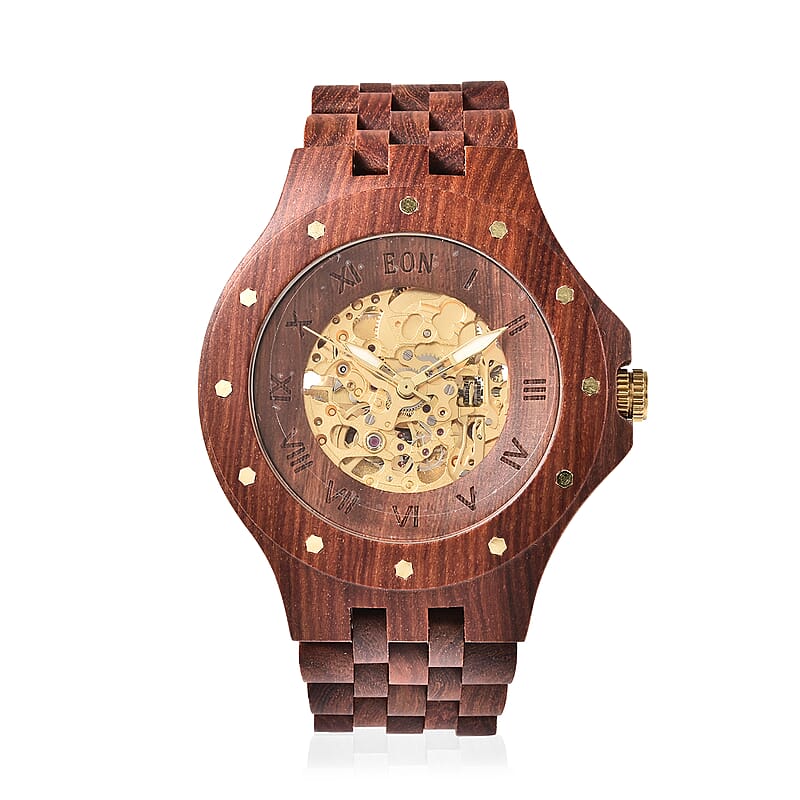 Eon 1962 Automatic Mechanical Watch in ION Plated YG Stainless Steel with Brownish Red Sandalwood Strap 263.50 ctw