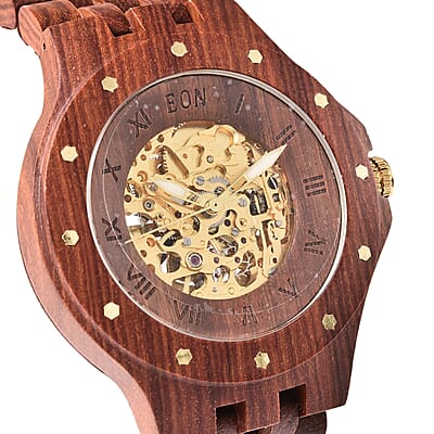Eon 1962 Automatic Mechanical Watch in ION Plated YG Stainless Steel with Brownish Red Sandalwood Strap 263.50 ctw