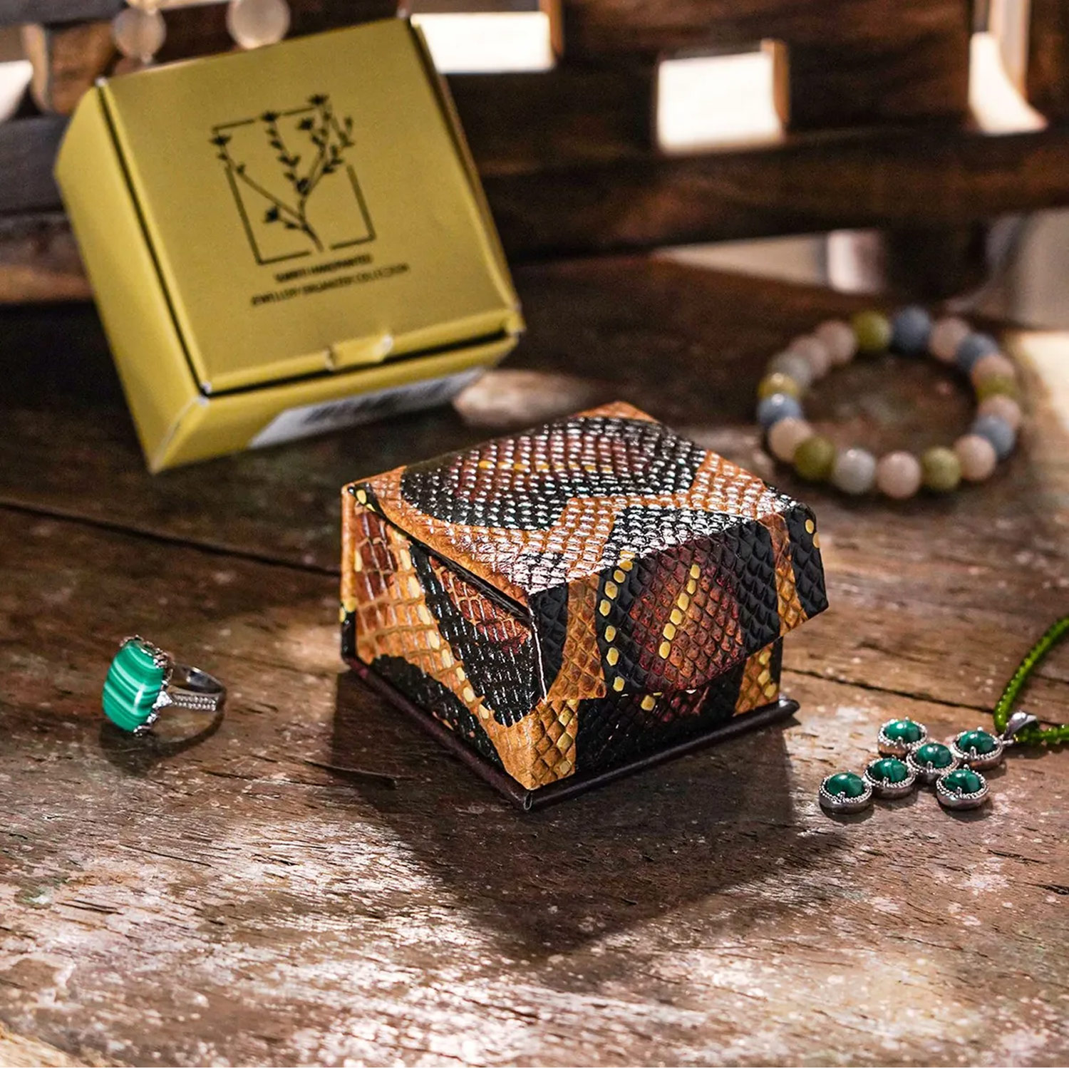 Brown Python Embossed Genuine Leather Ring Box