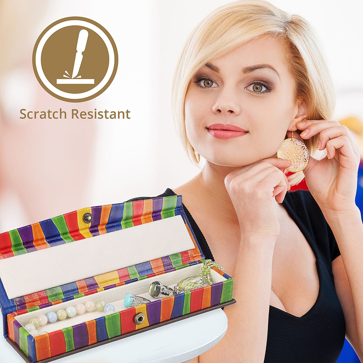 Multi Strap Embossed Pattern Genuine Leather Jewelry Box image number 1