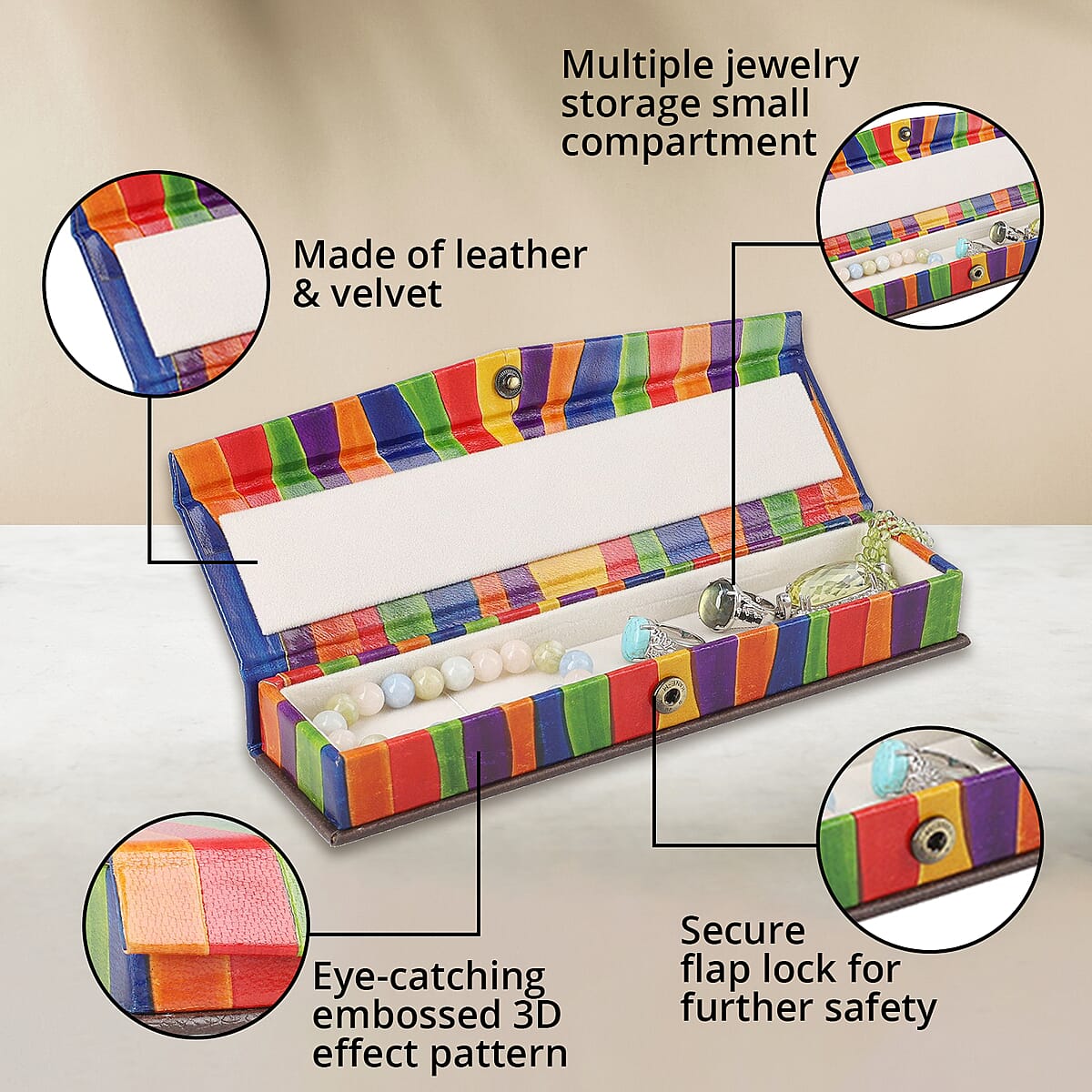 Multi Strap Embossed Pattern Genuine Leather Jewelry Box image number 2