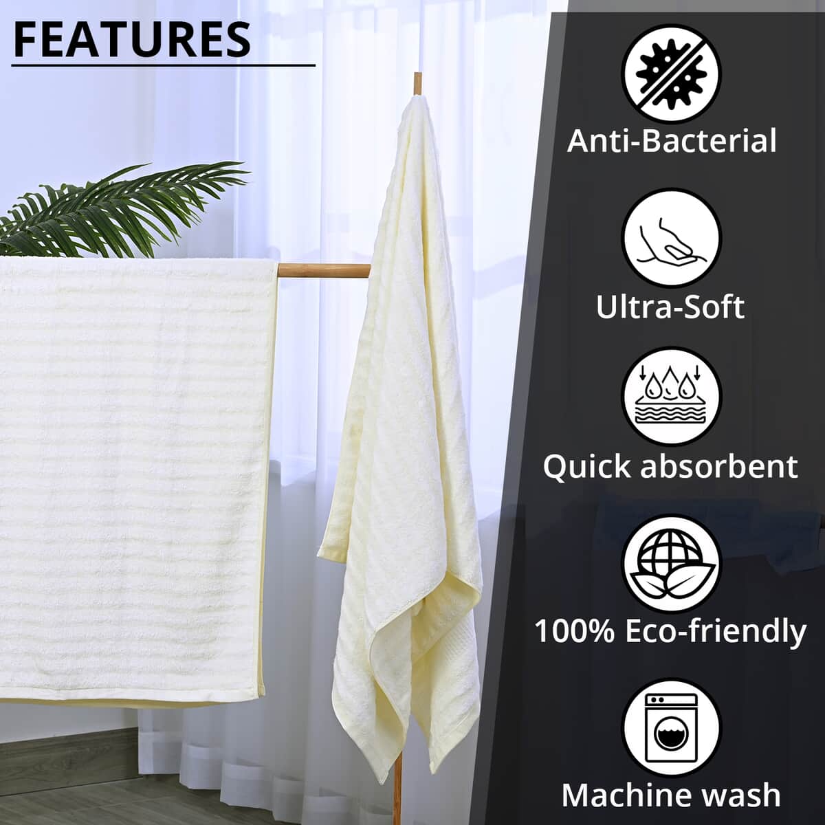 Homesmart Set of 2 White Solid Color Bamboo Bath Towel image number 2