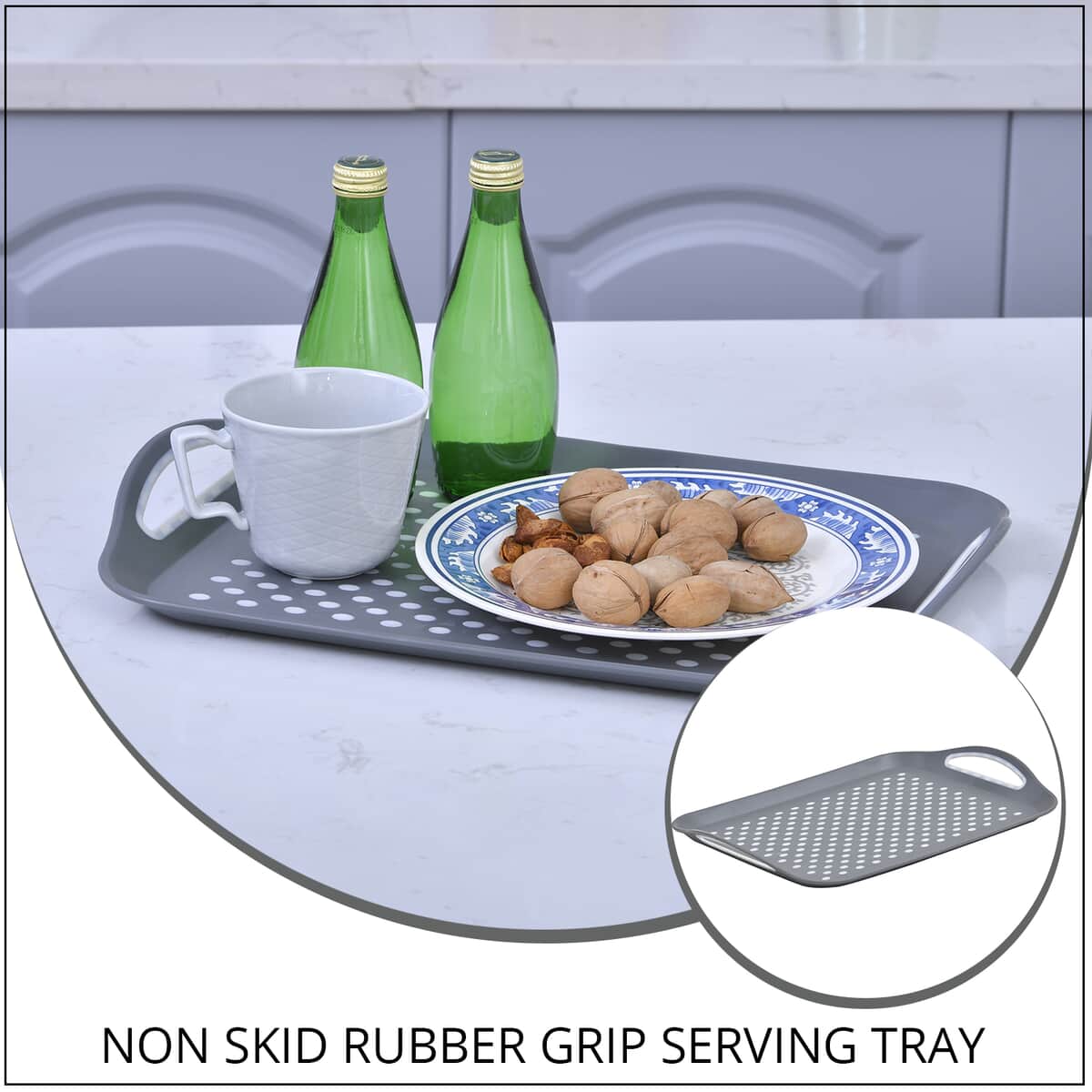 Gray Rectangle Non-Skid Rubber Grip Serving Tray with Handles , Large Serving Tray image number 1