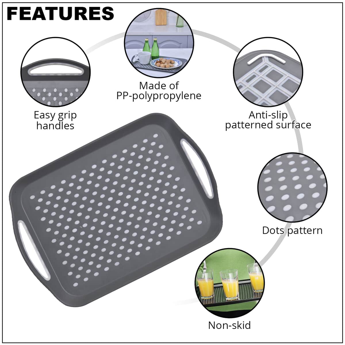 Gray Rectangle Non-Skid Rubber Grip Serving Tray with Handles , Large Serving Tray image number 2