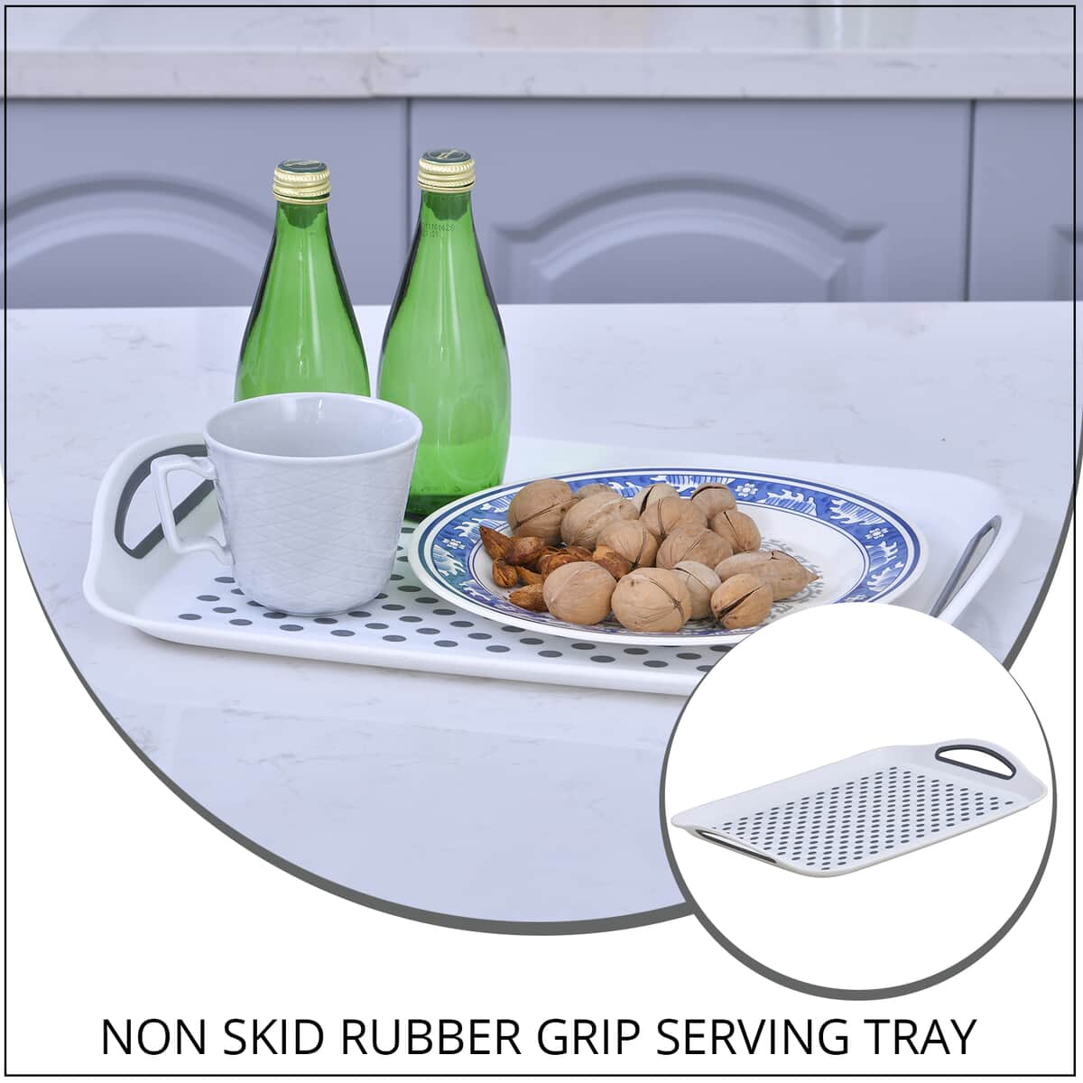 White Rectangle Non-Skid Rubber Grip Serving Tray with Handles, Large Serving Tray image number 1
