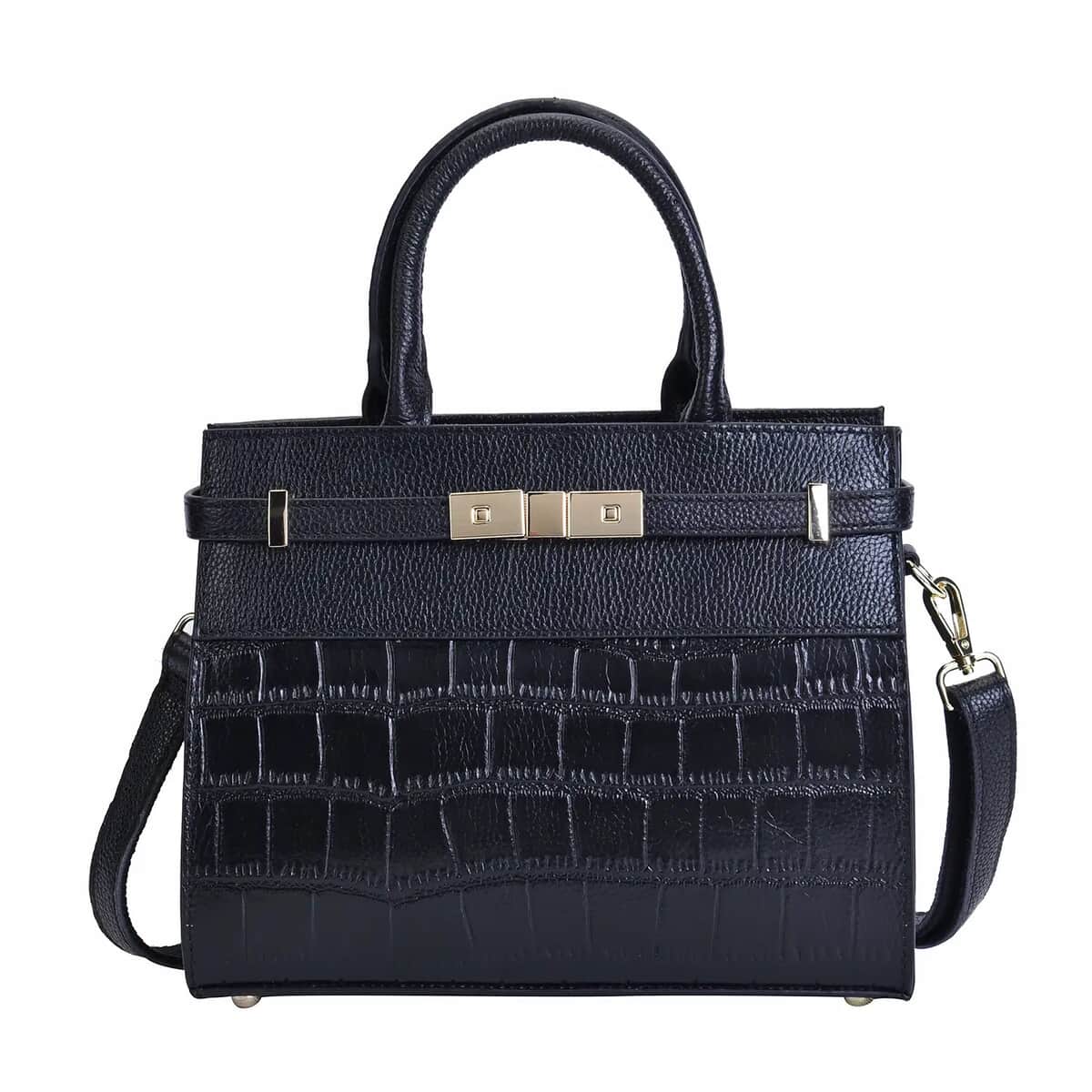 Black Texture Inspired Pattern Genuine Leather Convertible Satchel Bag image number 0