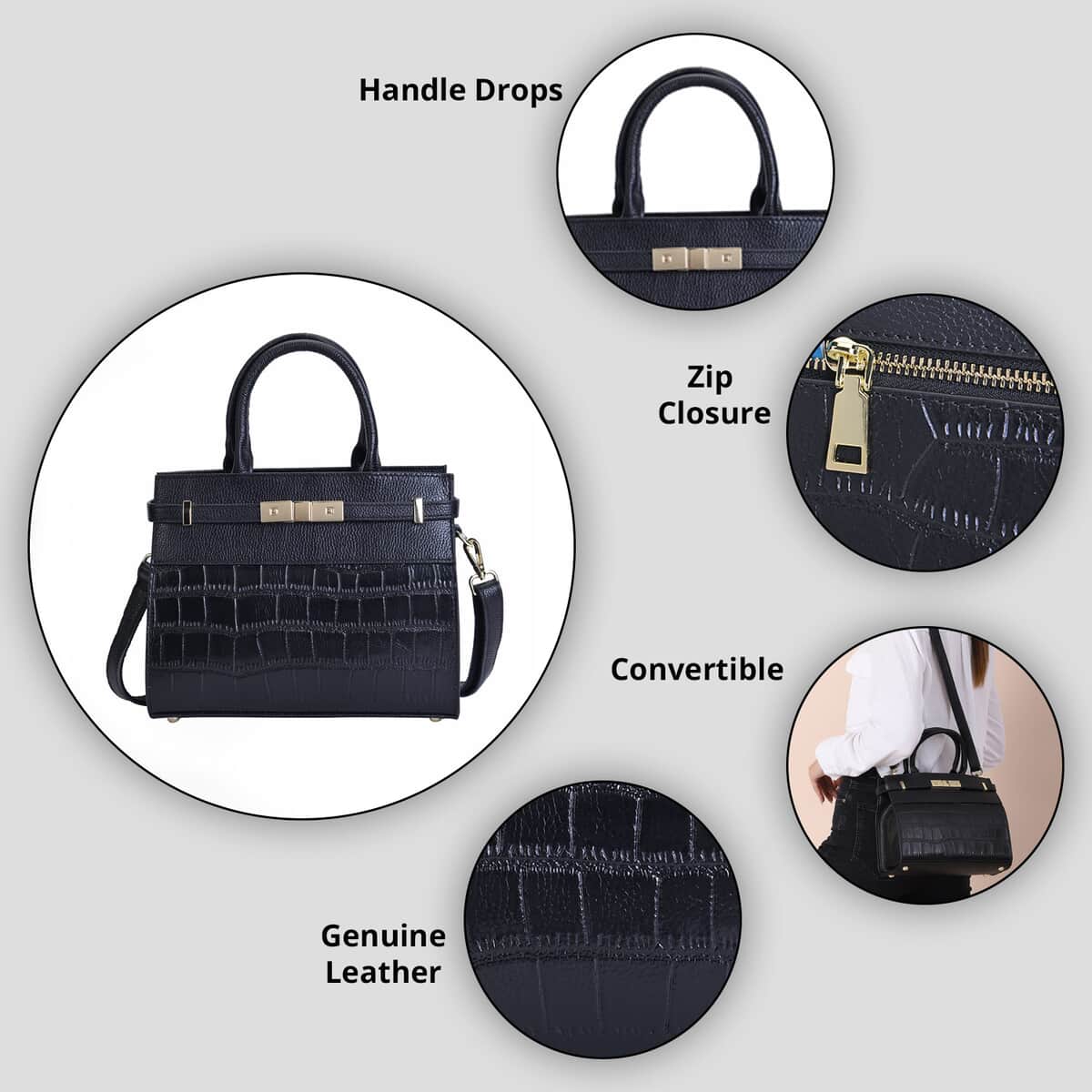 Black Texture Inspired Pattern Genuine Leather Convertible Satchel Bag image number 3